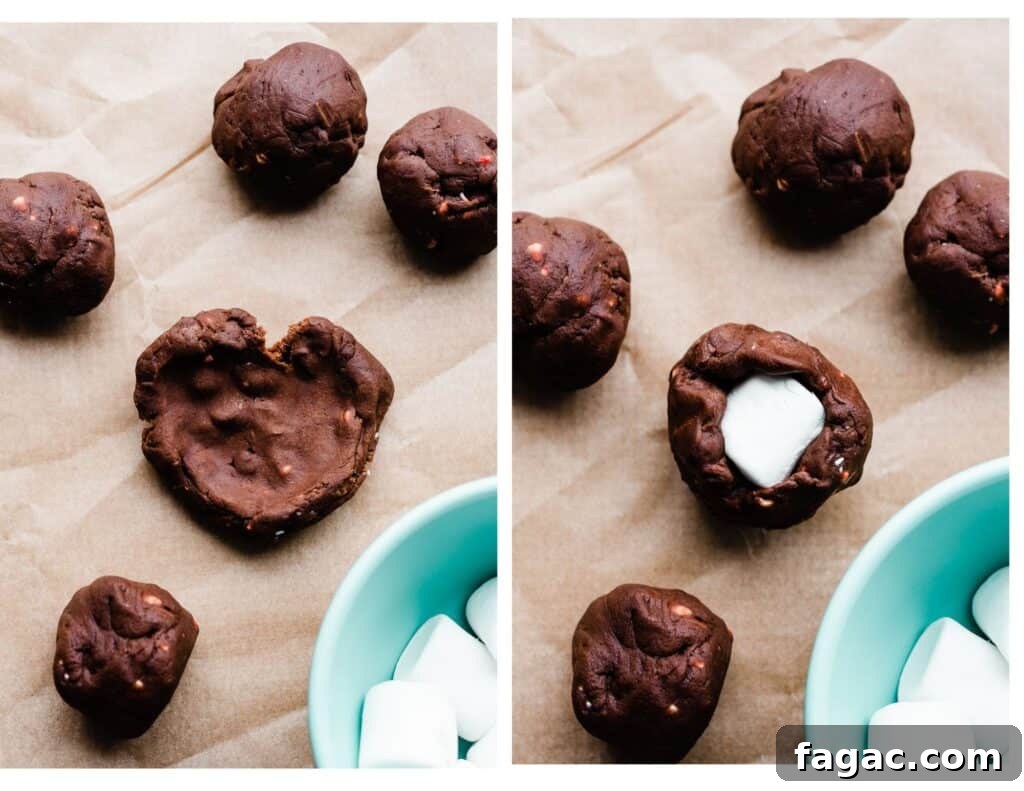 Gooey Peppermint Hot Chocolate Cookies with Marshmallows 5 Two images: one of a flattened cookie dough ball, and one of the cookie dough wrapped around a marshmallow, with it peeking through the top.