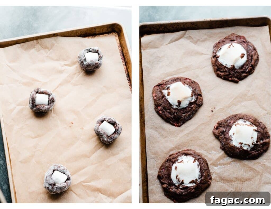 Gooey Peppermint Hot Chocolate Cookies with Marshmallows 6 Two images: the dough balls and the baked cookies on a baking sheet.