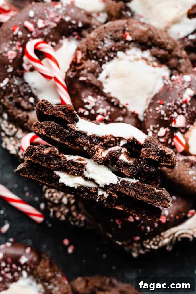 Gooey Peppermint Hot Chocolate Cookies with Marshmallows 8 A close-up on a stack of broken open cookies with melty marshmallows and fudgy chocolate texture showing.