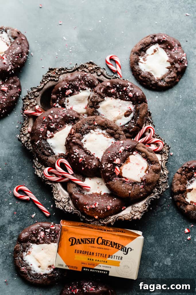 Gooey Peppermint Hot Chocolate Cookies with Marshmallows 10 A vintage tray of the chocolate marshmallow cookies on a slate surface.