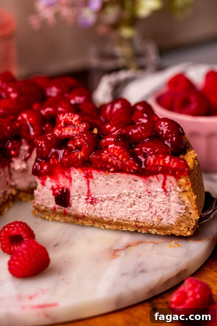 Decadent Raspberry Cheesecake Recipe 2 Taking a slice out of the raspberry cheesecake.