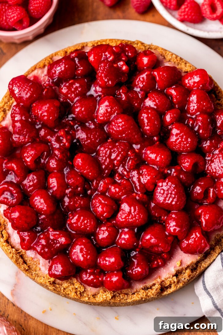 Decadent Raspberry Cheesecake Recipe 8 Decorated cheesecake top view on a platter.