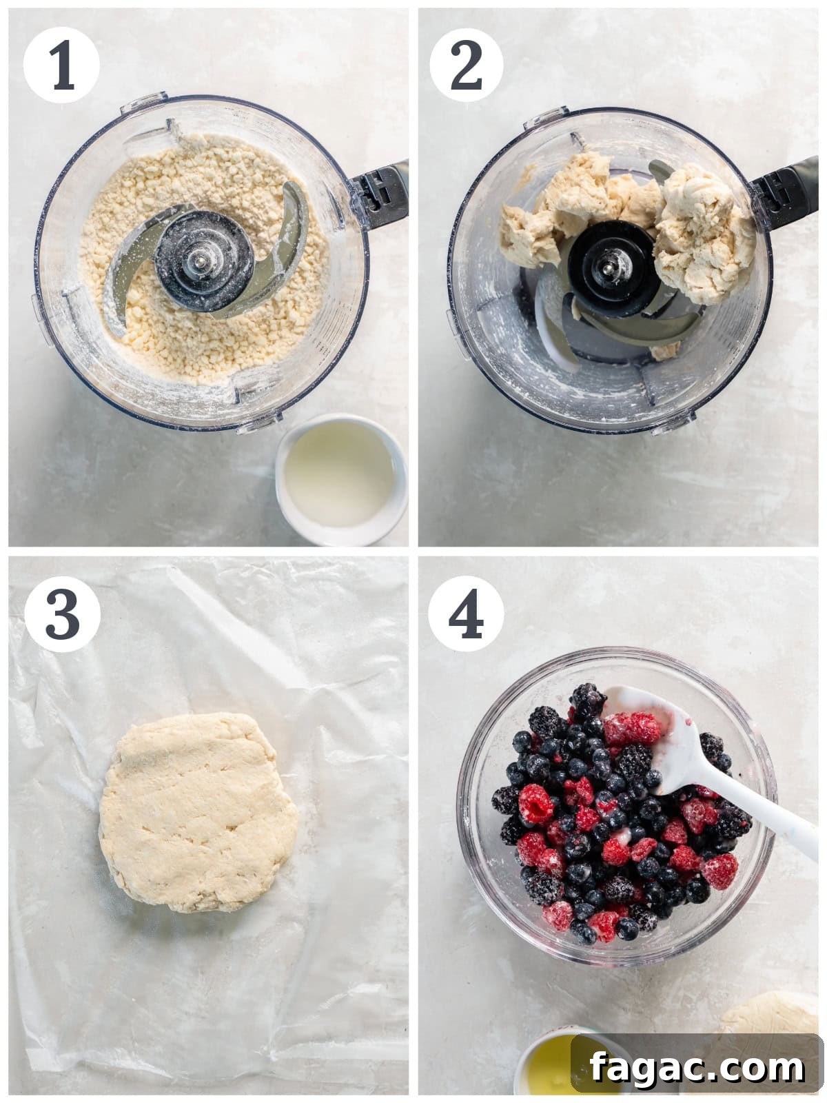 Summer Mixed Berry Galette with Flaky Crust 4 collage demonstrating how to make pastry dough from scratch and prepare mixed berries for galette.