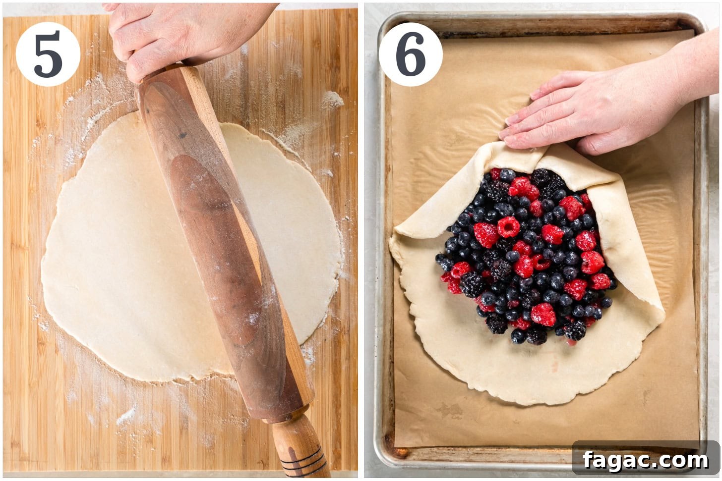 Summer Mixed Berry Galette with Flaky Crust 5 photo collage demonstrating how to assemble a mixed berry galette on a baking sheet.