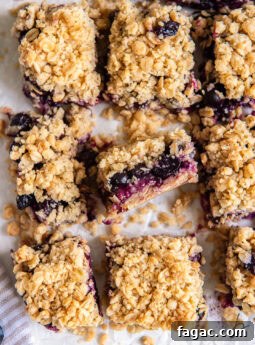 Summer Mixed Berry Galette with Flaky Crust 10 blueberry crumb bars on a tabletop with one bar on its side to show layers of filling and crumble.