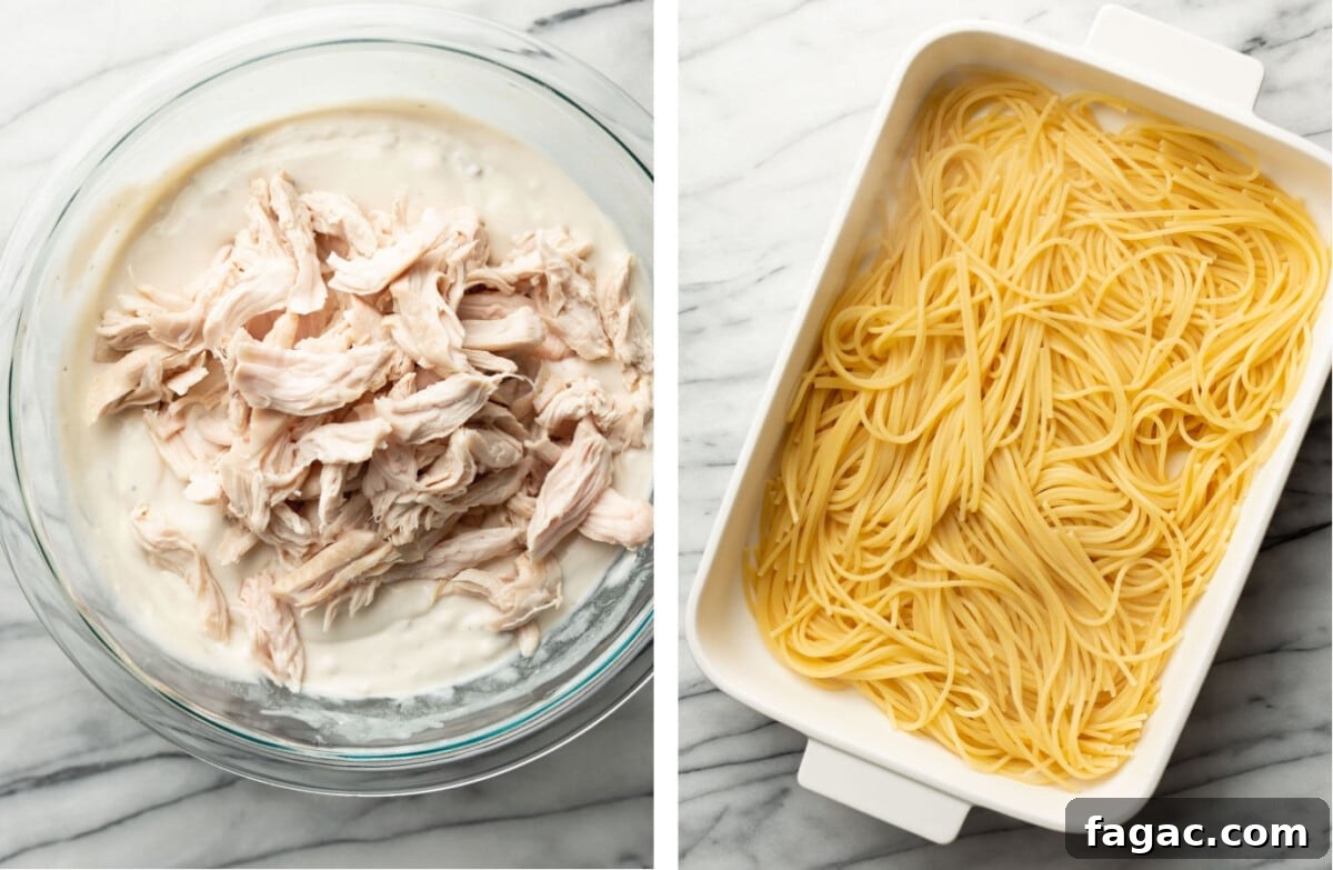 Creamy Turkey Tetrazzini with Mushrooms and Parmesan 4 making sauce in a prep bowl for turkey tetrazzini and adding spaghetti to a casserole dish
