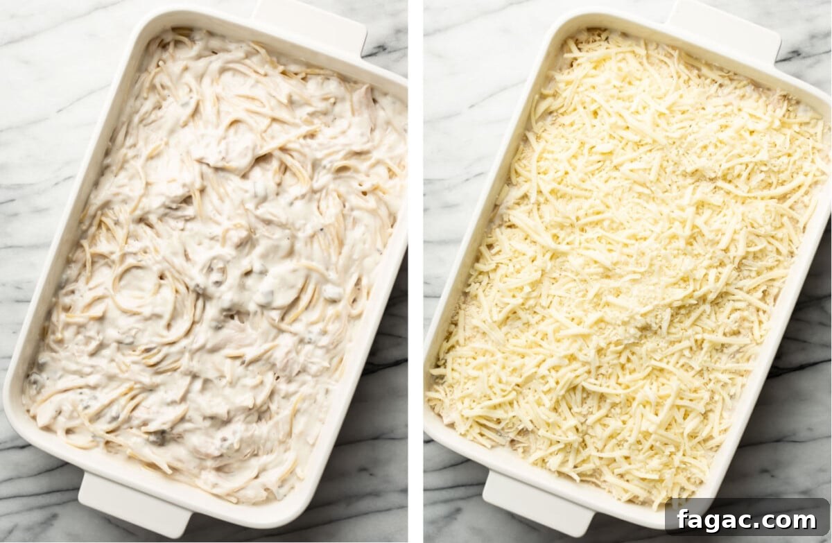 Creamy Turkey Tetrazzini with Mushrooms and Parmesan 5 adding turkey and sauce to a casserole dish and topping with cheese for turkey tetrazzini