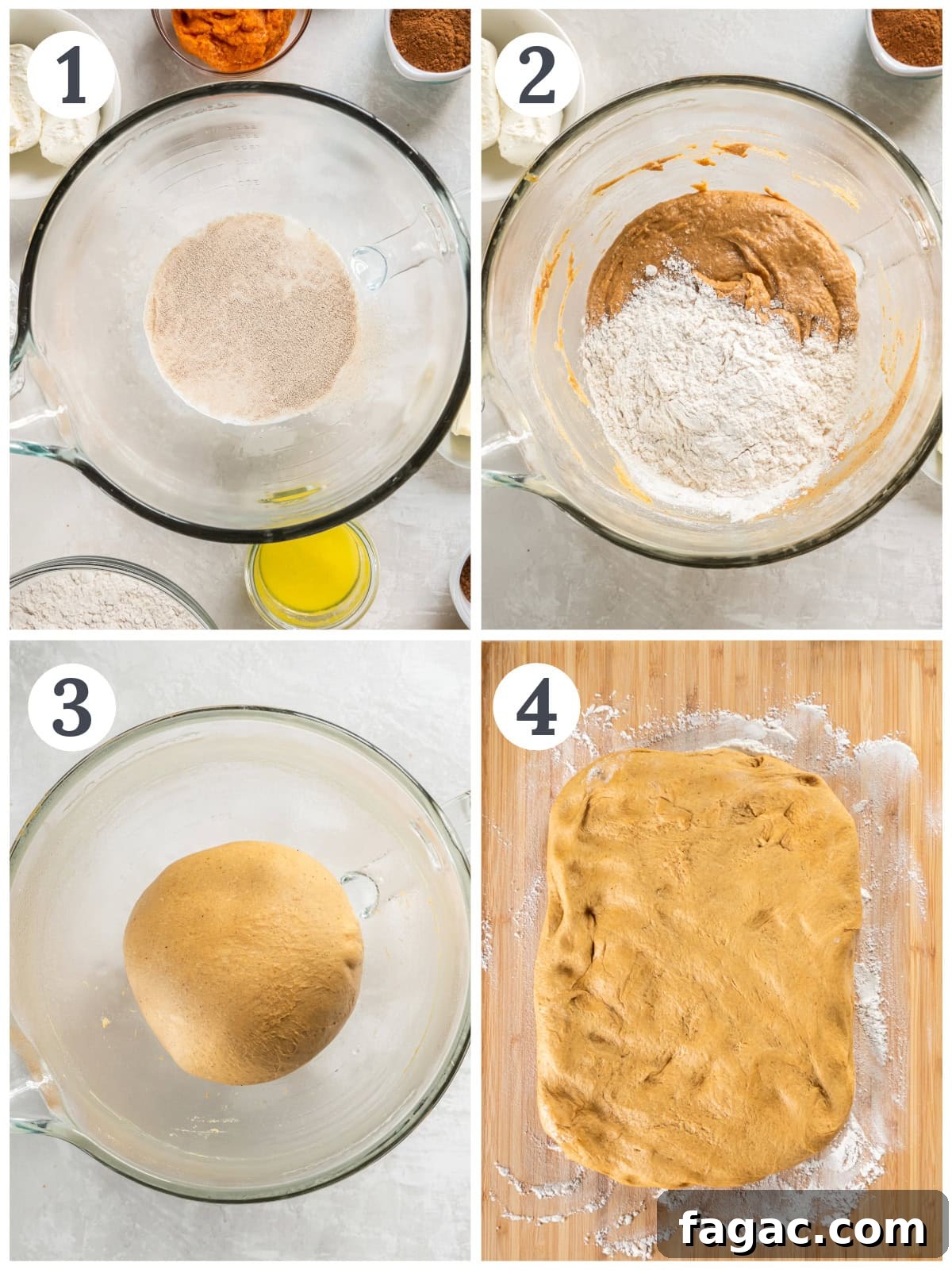 Pumpkin Spice Cinnamon Rolls with Maple Glaze 4 photo collage demonstrating how to make dough for pumpkin spice cinnamon rolls in the bowl of a stand mixer with a dough hook.