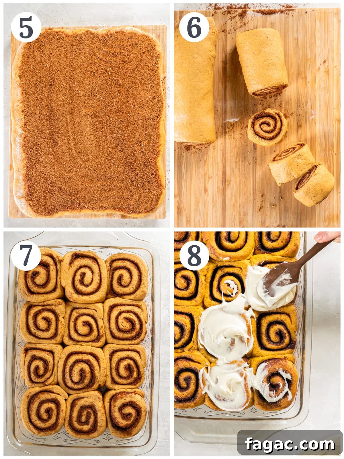 Pumpkin Spice Cinnamon Rolls with Maple Glaze 5 photo collage demonstrating how to shape and roll dough for pumpkin spice cinnamon rolls and make cream cheese icing.