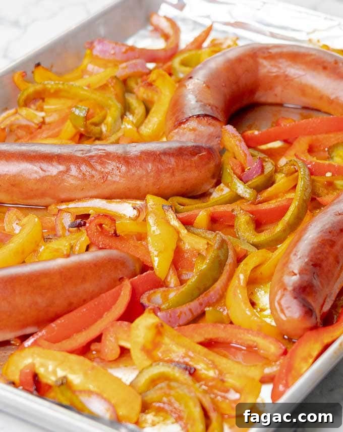 Crispy Sheet Pan Polish Sausage Sandwiches 7 sausages and peppers just finished cooking